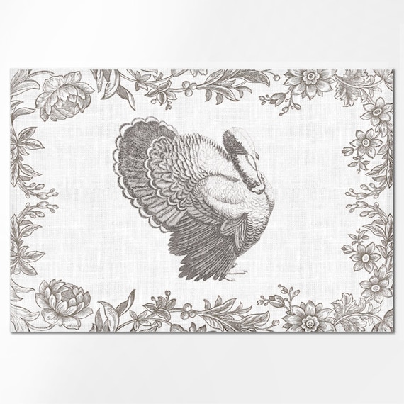 Thanksgiving placemats set, Turkey, Thanksgiving table decor, Toile de Jouy, linen placemats, vintage print, 100% linen fabric