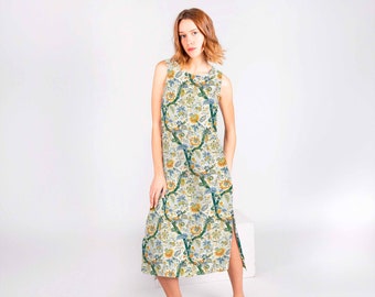 Linen dress, Floral Toile, linen midi dress, linen summer dress