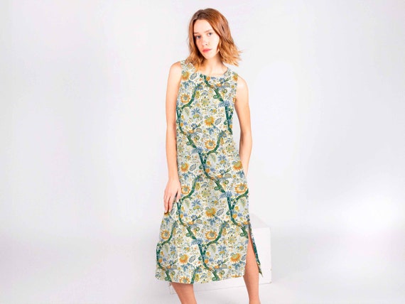 Linen dress, Floral Toile, linen midi dress, linen summer dress