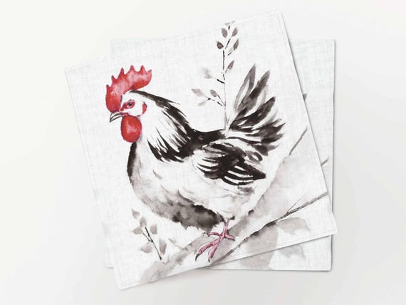 Napkins set, Watercolor Chicken, Rustic table decor, 100% linen, Easter table decor