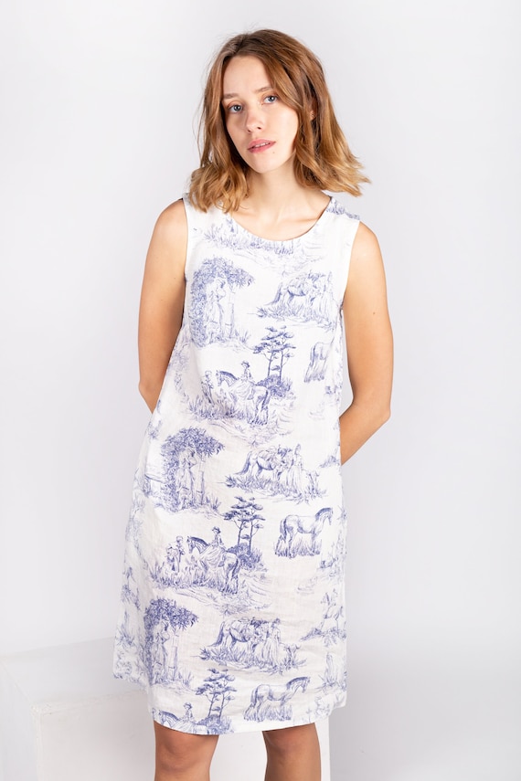 Linen dress, Toile de Jouy, white linen dress, summer dress, 100% linen, purple linen dress, sleeveless dress