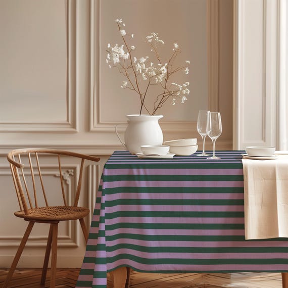 Linen Tablecloth, Midnight Vineyard, 100% European Linen, Lavender Purple  & Forest Green Yellow, Striped Design, Handmade