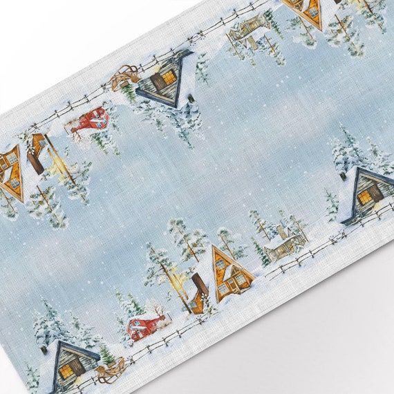 Christmas table runner, Winter landscape with a small wooden winter houses, linen table runner, 100% linen, Christmas decor