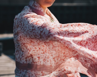 Linen Scarf, Blush Pink Hydrangea Print, Blanket Shawl