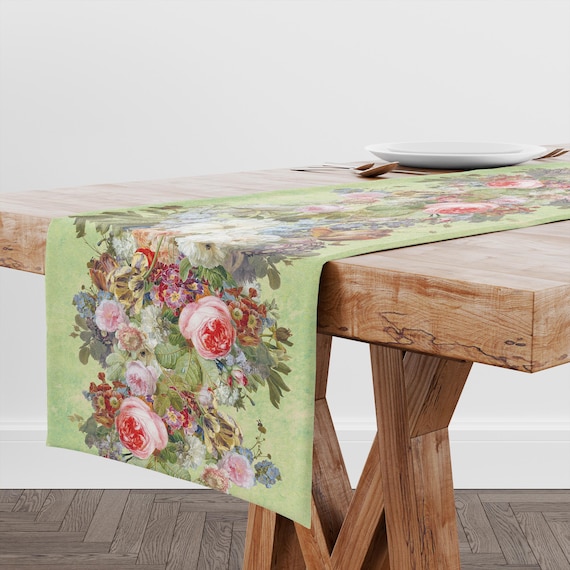 Floral Linen Table Runner, Gerard van Spaendonck Still Life, Green Edition, 100% Linen
