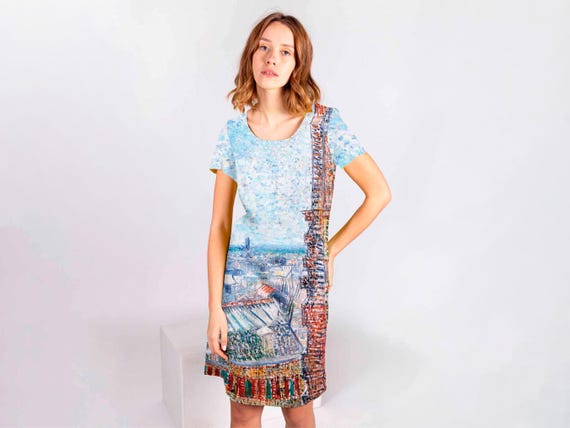 Linen Dress, Van Gogh Vue de Paris Print, Summer Midi Dress