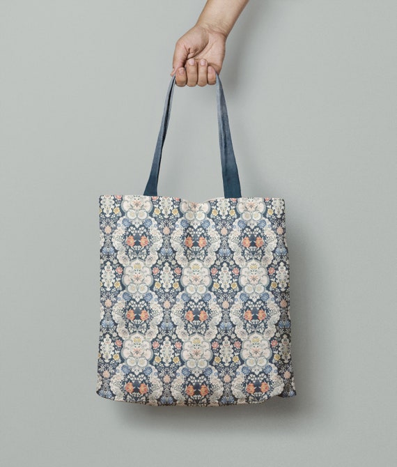 Tote bag, Anna Maria Garthwaite, Blue Flowers pattern, linen bag, art print, artist bag, 100% linen bag