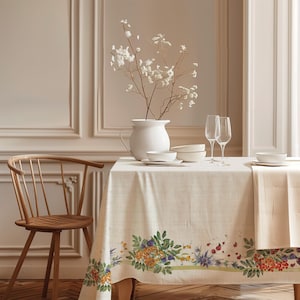 Puede incluir: Un mantel de lino beige con un estampado de borde botánico colorido de flores silvestres y bayas, junto a una jarra de cerámica blanca con ramas blancas, dos copas de cristal transparente y cuencos de cerámica blanca sobre una mesa de madera.