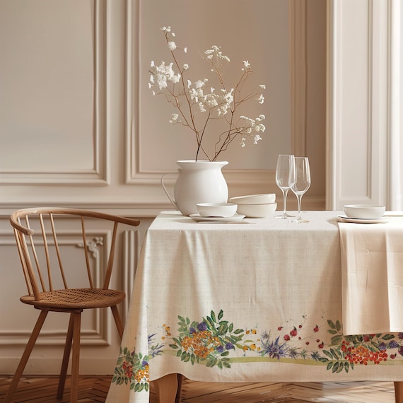Linen Tablecloth, Sea Buckthorns, Autumn Print, Farmhouse Style, 100% Linen