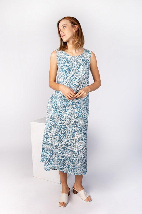 Sidewall Arcadia, Linen dress, William Morris inspired, Arts style, Floral motif, Nature-inspired pattern, Timeless beauty