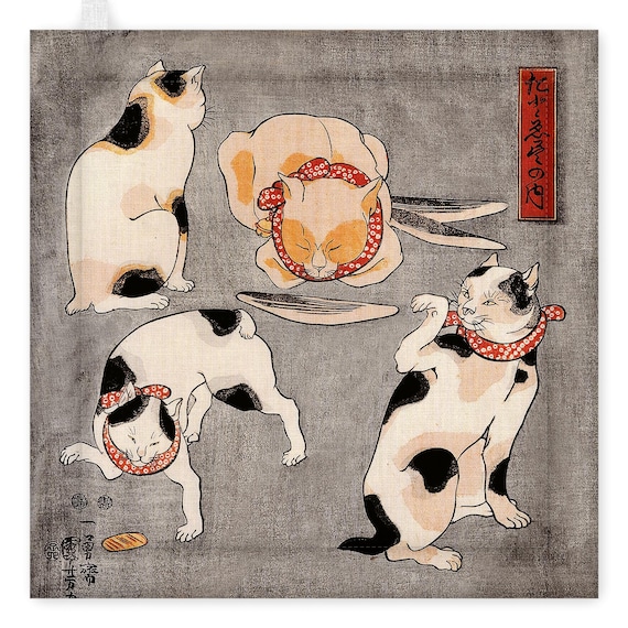 Pot Holder, Linen pot Holder,K uniyoshi Utagawa, For cats in different poses, Japan home decor, kitchen decor, Pot holder print