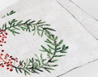 Christmas placemats, Watercolor Berry, Christmas decor, Placemats set, 100% linen, Christmas ornaments, linen placemats, Christmas gift