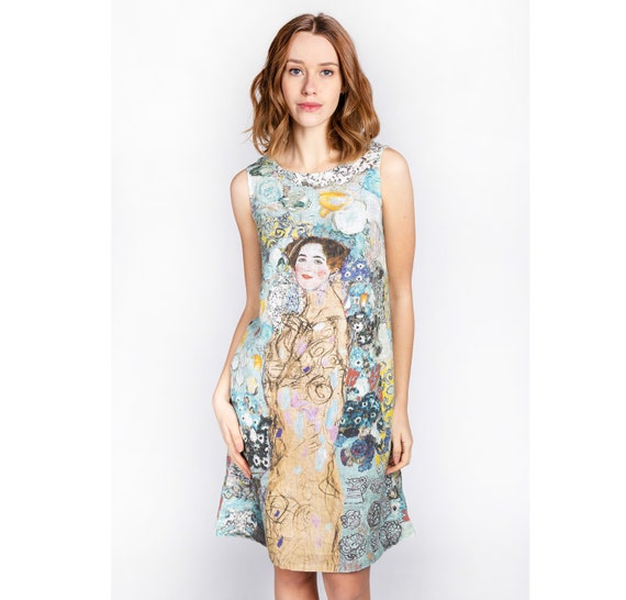 Linen women dress, Gustav Klimt, Portrait of Maria Munk, linen dress, short sleeves dress, side pockets, 100% linen, hand made in Lithuania