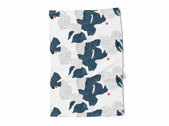 Modern Monstera Towel, Navy Botanical Leaf Pattern, Abstract Tropical Kitchen Decor, Linen Look, Fabric Print, Boho Kitchen