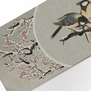 May include: A gray rectangular table runner with a Japanese-style print. The design features two birds perched on a branch, with a backdrop of a gray circle and a branch with red flowers.