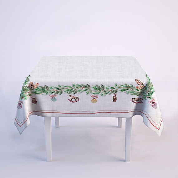 Vintage Christmas tablecloth, Christmas party decor, Linen tablecloth, 100% linen fabric