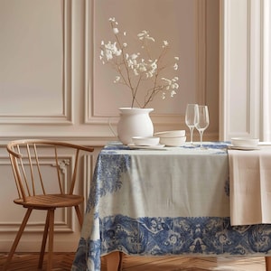 Linen tablecloth, Plaat, beschilderd met een rivierlandschap met kasteel, boerderij en enkele figuren, Frederik van Frytom, 100% linen