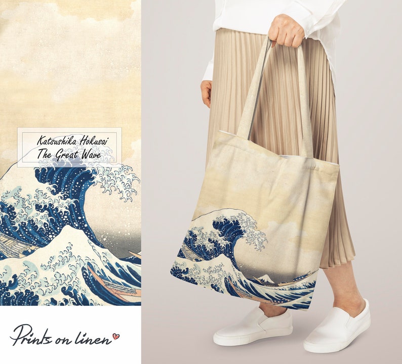 Tote bag, Hokusai, The great wave, linen bag, art print, birthday gift, shoulder bag, teacher bag, vintage bag, street bag image 2