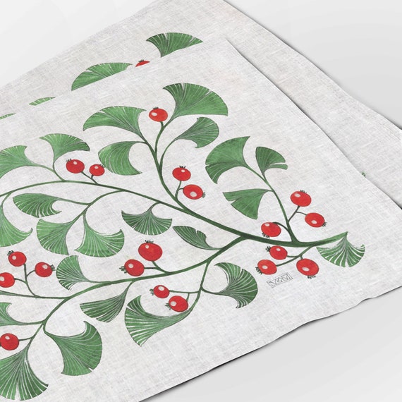 Placemats set, Red Berries, linen placemats, Botanic placemats, farmhouse decor, 100% linen