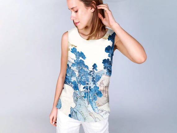 Linen top, Utagawa Kuniyoshi, Fuji no Yukei, Vintage shirt, women blouse, linen shirt, 100% linen, tank top