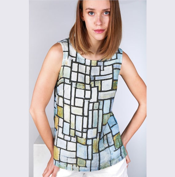 Women shirt, Piet Mondrian, Composition no. 6, linen top, linen summer blouse, eco shirt, 100% linen