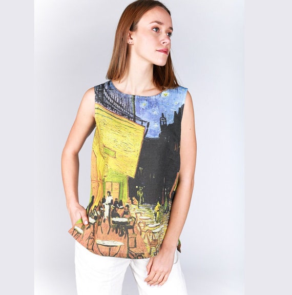 Linen blouse, Café Terrace at Night, Van Gogh, Van Gogh shirt, linen top, women blouse