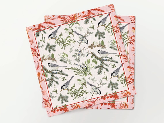 Napkins set, Nordic Birds, Winter napkins, Holiday decor, 100% linen