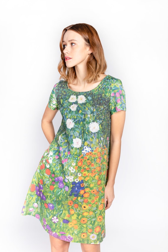 Gustav Klimt, Flower Garden, linen dress, women dress, 100% linen, linen women dress, short sleeves, side pockets, hand made in Lithuania