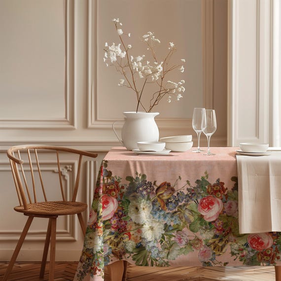 Tablecloth, Gerard van Spaendonck, Vintage flower pattern, Pink  Edition, 100% linen, Farmhouse decor
