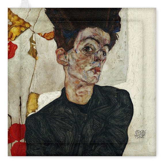 Pot Holder, Self-Portrait with Physalis by Egon Schiele and Field of flowers, linen pot holder