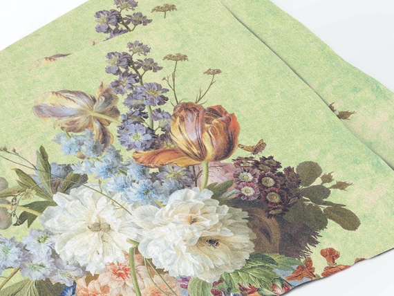 Floral Linen Placemat, Gerard van Spaendonck Still Life, Green Edition, Vintage Style