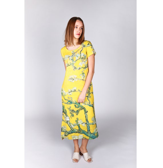 Japan dress, Vincent van Gogh, Almond Blossom, yellow edition, linen dress, asymmetrical dress, plus size dress, dress with pockets