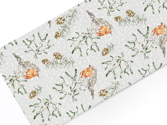 Table runner, Winter Robins, Christmas decor, 100% linen, Christmas table top