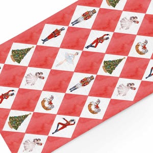 May include: Red and white checkered pattern with watercolor illustrations of Christmas trees, ballerinas, toy soldiers, and nutcrackers. The design is festive and suitable for holiday decor.