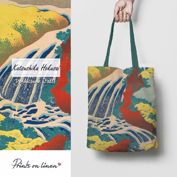 Tote bag, Hokusai, Yoshitsine falls, Japanese tote bag, linen bag, hand made in Lithuania, 100% linen, custom tote