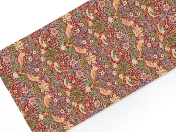 Table runner, William Morris, Strawberry Thief, 100% linen, Victorian Red