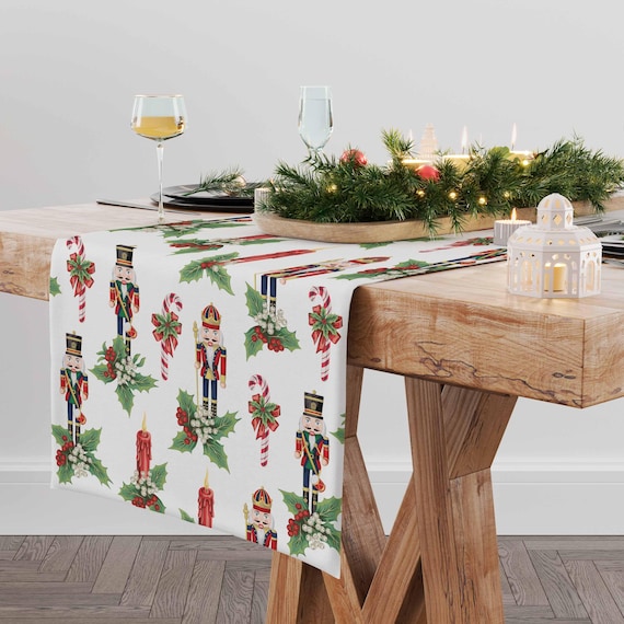 Table runner "Nutcracker Holiday", LARGER PATTERN, Christmas decorations, custom size, Christmas gift, table topper, 100% linen