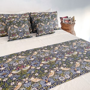 Bettläufer und Kissen Set, William Morris, Erdbeerdieb, Leinen Bettüberwurf, Leinendecke, Leinen Bettüberwurf, 100% Leinen