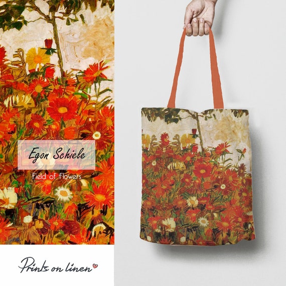 Tote bag, Egon Schiele, Field of Flowers, linen tote, vintage tote, Egon Schiele artwork, hand made in Lithuania