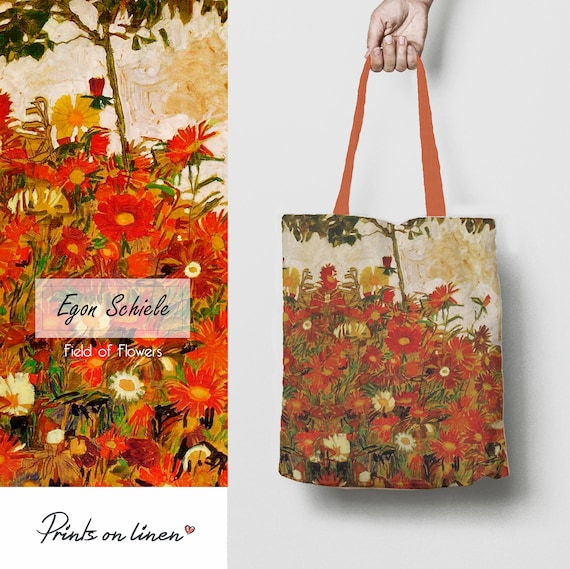 Tote bag, Egon Schiele, Field of Flowers, linen tote, vintage tote, Egon Schiele artwork, hand made in Lithuania