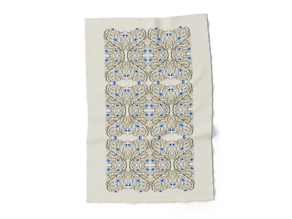 William De Morgan Linen Kitchen Towel, Blue Edition, Vintage Floral Decor, 100% Linen