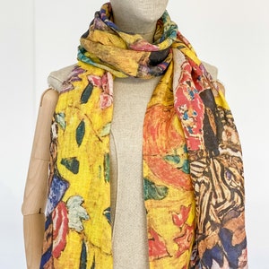 Linen scarf, Gustav Klimt, Lady with fan, art to wear, gift for her, scarves, women scarf, maxi scarf, blue scarf, hand made scarf