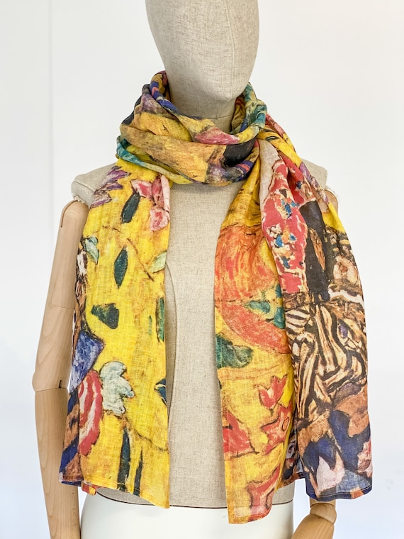 Linen scarf, Gustav Klimt, Lady with fan, art to wear, gift for her, scarves, women scarf, maxi scarf, blue scarf, hand made scarf