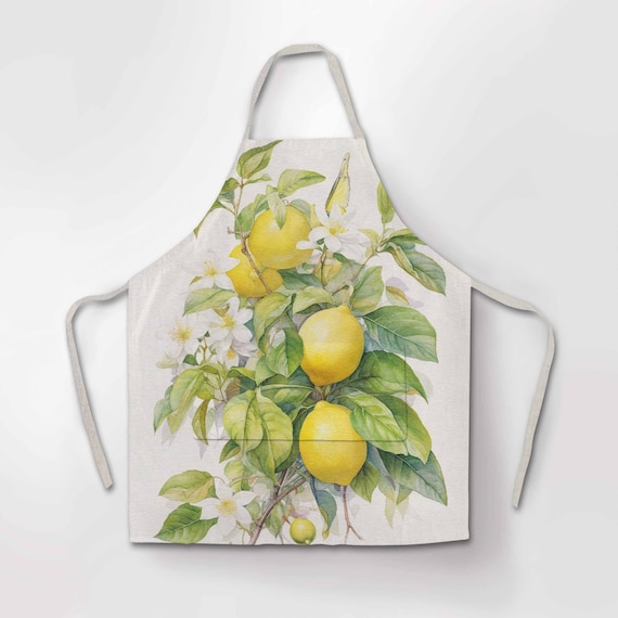 Linen apron, Blossoming Lemon Tree, kitchen apron, custom apron, apron for women, cross back apron