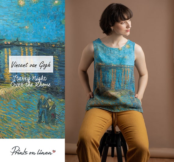 Starry Night Over the Rhône, Vincent van Gogh, Sleeveless linen women shirt, Linen shirt, linen top, linen blouse, asymmetric backside