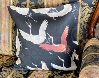 Linen Cushion Cover, Flying Cranes Design, 18x18 Pillow