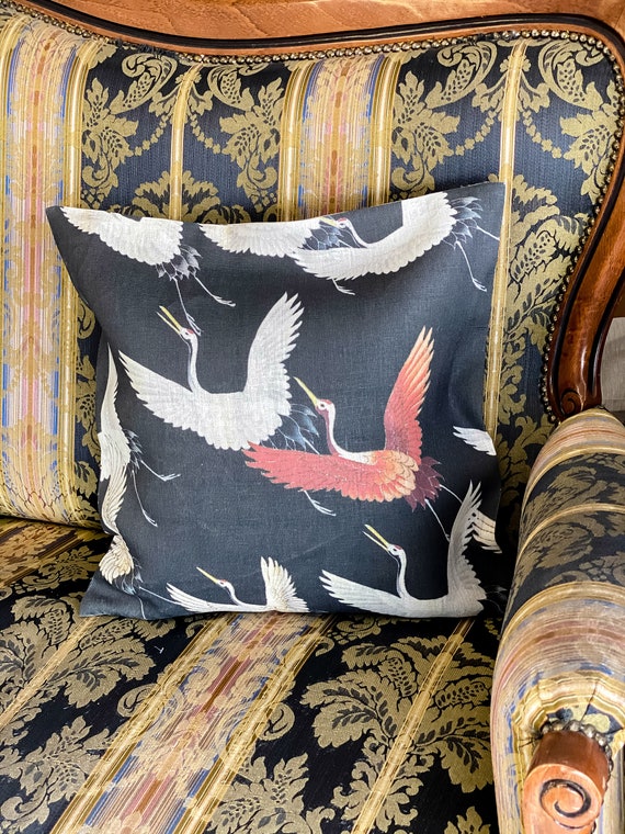 Cushion cover, Cranes, 1910-1930, cushion cover with zipper, 100% linen, custom cushion, pillow 18x18, wholesale cushions