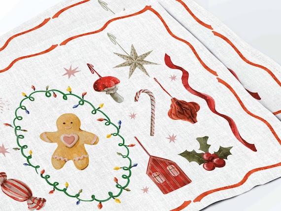 Placemat Set, Retro Fir, Christmas Print, Holiday Decor, linen placemats