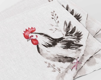 Placemats set, Waterclor Chicken, Rustic placemats, linen placemats, Easter placemats set