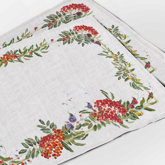 Placemats set, Sea buckthorns, linen placemats, 100% linen, housewarming gift, autumn table decor, hand made in Lithuania